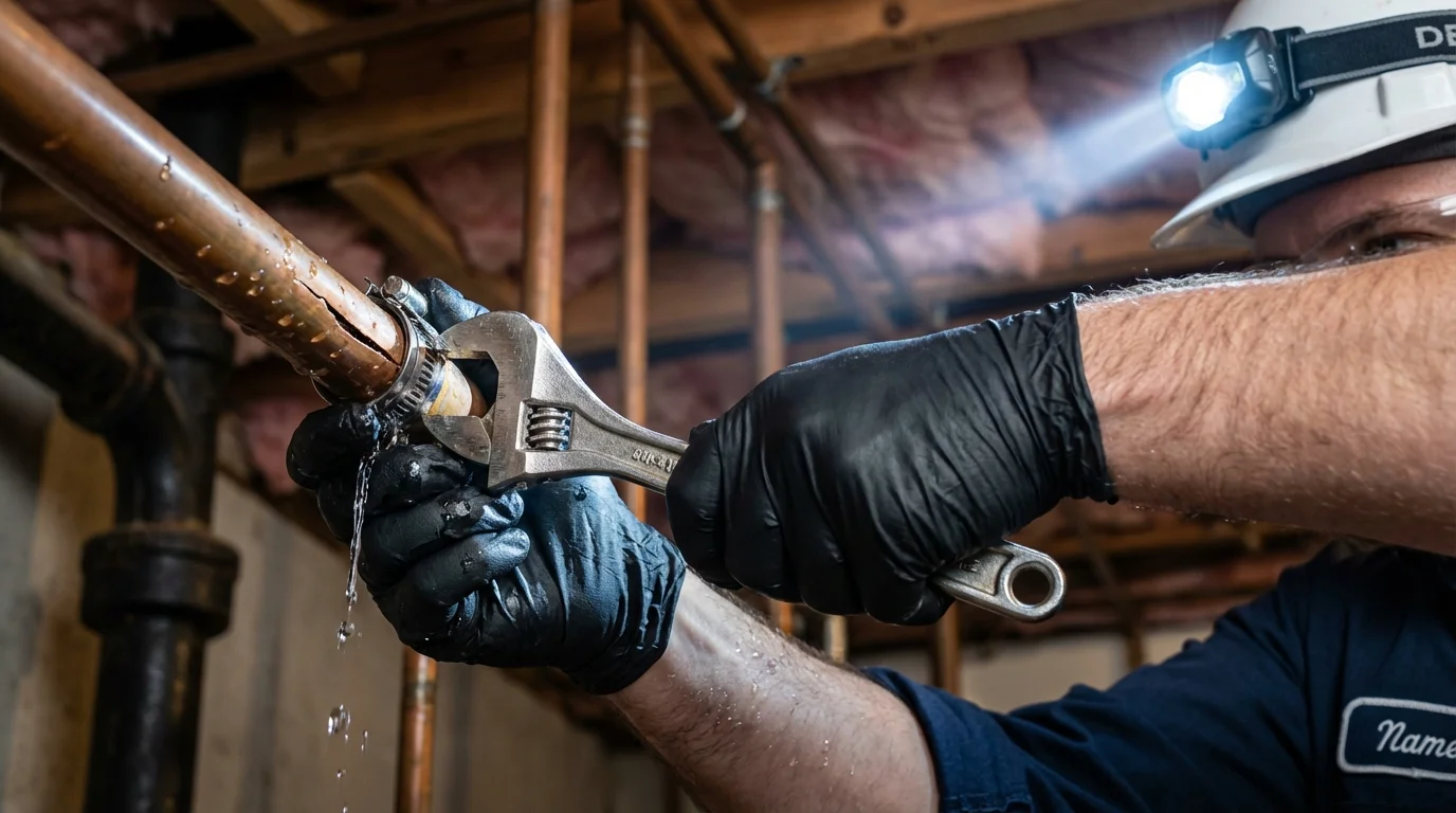 Emergency pipe clamp repair being performed by a Johns Plumbing LLC plumber in Toquerville