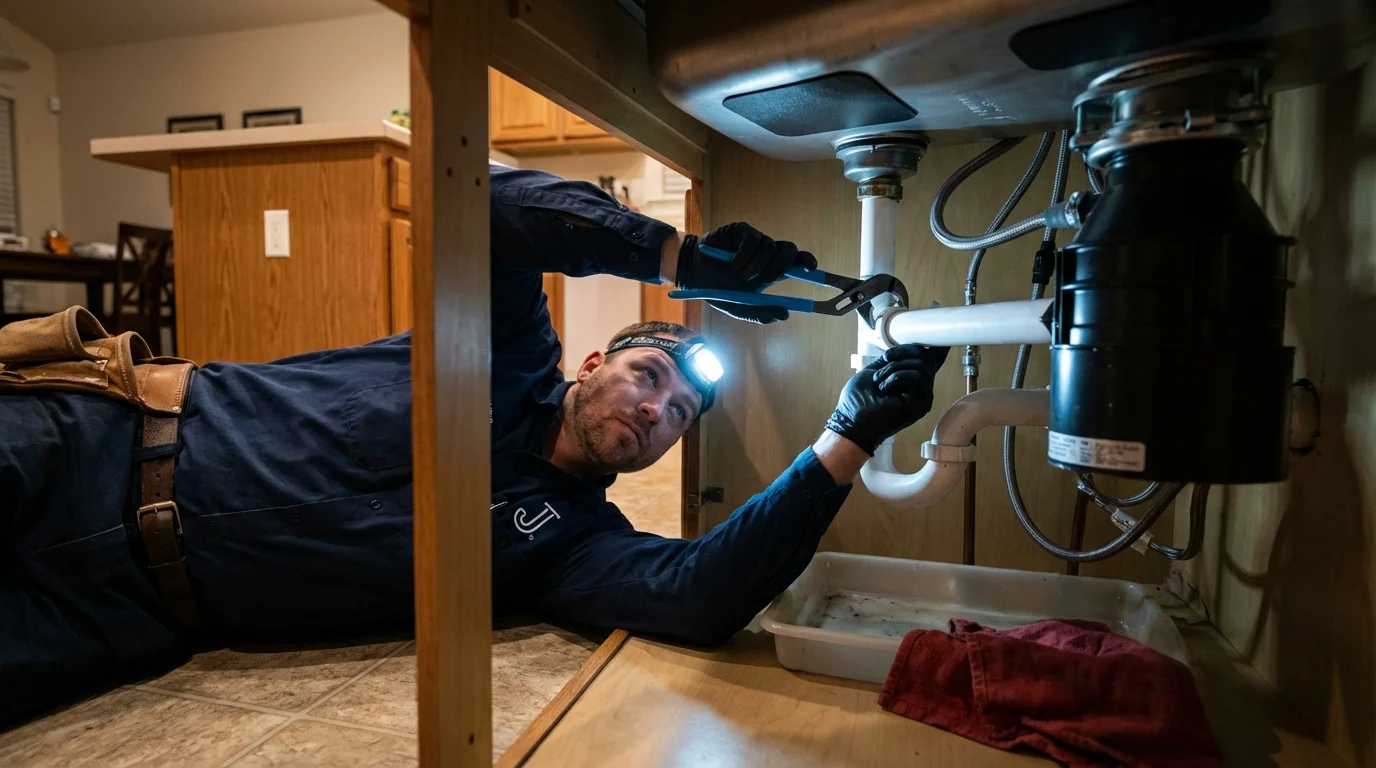P-trap and supply line connections under a kitchen sink showing a common leak point in Toquerville, UT
